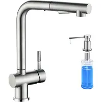 CECIPA MAX Keukenkraan Met Uittrekbare Uitloop - Met Zeepdispenser 300ML - Keukenkraan Uittrekbaar Zilver - 360° draaibare Keukenkraan - Keuken kraan van roestvrij staal