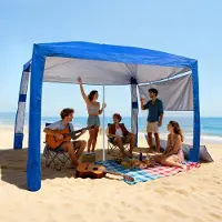 ONVAYA Strandtent - Strandpaviljoen 2,4 x 2,4 m - Met Zijwanden - UPF 50+ Zonbescherming - Met Zandzakken - In Hoogte Verstelbaar - Draagbaar - Blauw