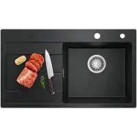 Auralum Granieten Spoelbak 78x45CM - Spoelbakken Keuken Zwart - Spoelbak Met Planchet en Afdruiprek - Spoelbakken Incl. Sifon en Afvoerzeefje