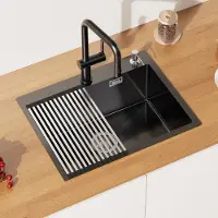 Auralum Handgemaakte RVS Spoelbak - Spoelbak Antraciet 60x45CM - Spoelbak Keuken Met Afdruiprek - Met Kraangat - RVS Gootsteen Met Afdruiprek