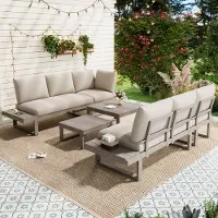 Merax Tuinmeubelset - hoeksalon - met verstelbare kantelfunctie - tafelblad van kunststof hout - met twee koffietafels - beige en khaki