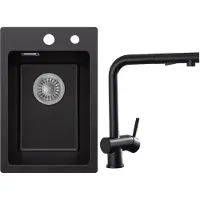 CECIPA MAX Granieten Spoelbakken 30x45cm Zwart - Spoelbakken Keuken Met Keukenkraan Met Uittrekbare Uitloop - Wasbak Keuken - Met Kraangat - incl. Afvoerzeefje en Sifon