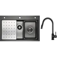 CECIPA MAX Spoelbakken met Keukenkraan Zwart - 70x45cm Spoelbak Keuken - Spoelbakken Keukenkraan Met Uittrekbare Uitloop - Enkele spoelbak - Spoelbakken met afdruip
