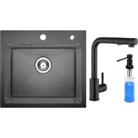 CECIPA MAX Spoelbak Keuken 50x45cm - Spoelbakken Met Keukenkraan Met Uittrekbare Uitloop en Zeepdispenser 300ML Zwart - Enkele spoelbak van roestvrij staal - Spoelbakken met Afdruip - Antraciet