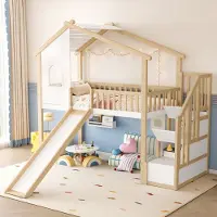 Sweiko Hoogslaper - 90x200cm - Opbergladder - Met glijbaan - Huisontwerp - Natuurlijk + wit