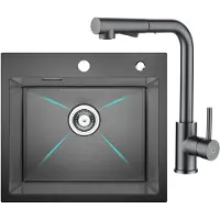 CECIPA MAX Spoelbak Antraciet 50x45CM - Spoelbakken met Kraangat - Spoelbak Keuken Met Keukenkraan Met Uittrekbare Uitloop - Spoelbakken Keuken - Wasbak Keuken - RVS