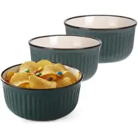 Excellent houseware Serveer/chips schaaltje Striped - 2x - donkergroen - 14 x 7 cm - keramiek - kommetjes - 500 ml