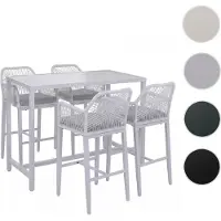 Mendler Bartafelset + 4 barkrukken HWC-P91, bartafel, buitenzitkussens, touwweefsel, metaal, lichtgrijs