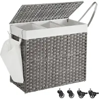 Songmics Wasmand met 3 Vakken & Deksel – Grijs Rotan Look – Met Wieltjes & Zijvak – Uitneembare Waszakken – 160L