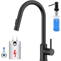 CECIPA MAX Keuken Kraan Zwart - Lagedruk Keukenkraan - Met Zeepdispenser 300ML - Keukenkraan Met Uittrekbare Uitloop - 360° draaibare Lage druk keukenkraan - Zwart