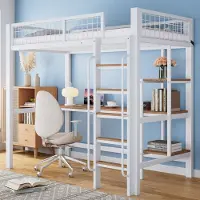 OKWISH Hoogslaper 90x200 Cm – Met Bureau En Opbergplanken – Met Veilige Ladder En Valbeveiliging – Zonder Matras – Metaal En Hout – Wit Natuur