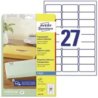 Avery Zweckform AVERY Transparante verzendetiketten voor inkjet J4721-25 Permanent klevend A4 63,5 x 29,6 mm 25 Vellen à 27 Etiketten
