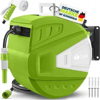Tillvex Slanghaspel Water Groen/Grijs 20m met Wandbevestiging & Transportgreep | Slangoproller met Handdouche en Tuinslang | 180° Zwenkbaar | Wand-Slangbox met Oprol-Automatiek