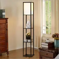 Puluomis , 3-laags staande lamp, vloerlamp, staande lamp, bodenlamp, E27 binnenverlichting voor slaapkamer, woonkamer, met houten plank, zwart, 160 cm
