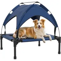 PawHut Erhöhtes Hundebett mit Baldachin, Haustierbett, Outdoor Hundeliege mit Dach, Atmungsaktiv, für kleine und mittelgroße Hunde Dunkelblau Oxford 76 x 61 x 69,5 cm