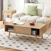 MODFU Salontafel - Rattan Schuifdeur - Minimalistisch - Voor Woonkamer - MDF En Houten Poten - Natuurlijke Houtkleur