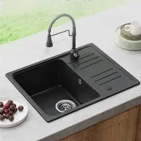 HOROW 57x45 cm, granieten spoelbak, graniet, keuken, zwarte spoelbak, 1 kom, inbouwspoelbak met omkeerbare installatie, spoelbak met sifon, afvoer- en overloopset