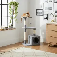 Belviona kattenkrabpaal, 85 cm met wandbevestiging, ruimtebesparend met hol, sisal en speelbal, lichtgrijs
