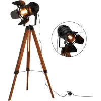 Alpinaluz Houten vloerlamp in industriële stijl, geïnspireerd op oude filmstatieven, met een verstelbare zwarte lampenkap. Geschikt voor woonkamer of werkkamer, fitting E27