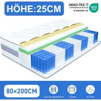 HOMAVO Matras 80x200 cm, 25 cm dik, met geïntegreerde toplaag. 7-zone pocketveringmatras, hardheid H3/H4