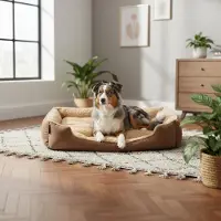 Belviona hondenbed met een zacht, omkeerbaar kussen, gemakkelijk schoon te maken en antislip, een comfortabele slaapplek, 90x70 cm, bruin/beige