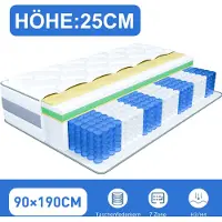 HOMAVO Matras 90x190 cm, 25 cm dik, met geïntegreerde topper, 7-zones pocketveringmatras, H3/H4.