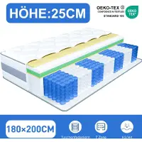 HOMAVO Matras 180x200 cm, 25 cm dik, met geïntegreerde topper, 7-zones pocketveringmatras, H3/H4.