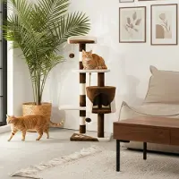Belviona kattenkrabpaal, compacte 112 cm krabpaal met speeltjes, sisal en een knus holletje, bruin/beige
