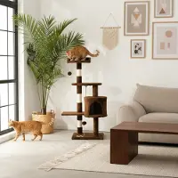 Belviona kattenkrabpaal, compacte 112 cm krabpaal met speeltjes, sisal en een knus holletje, bruin