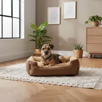 Belviona hondenbed met een zacht, omkeerbaar kussen, gemakkelijk schoon te maken en antislip, een comfortabele slaapplek, 60x48 cm, bruin/beige