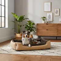 Belviona hondenbed met een zacht, omkeerbaar kussen, gemakkelijk schoon te maken en antislip, een comfortabele slaapplek, 90x70 cm, beige/bruin