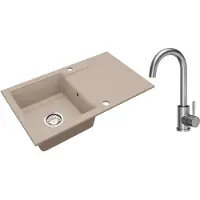 VBChome granieten spoelbak, 76 x 44 cm, beige, met kraan, enkele spoelbak, inbouwspoelbak, omkeerbaar, gespikkeld. Onderhoudsvriendelijke spoelbak met sifon