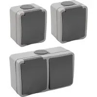 ETT Fix - Set van 3 - 1x Combinatie (stopcontact+schakelaar) Horizontaal + 2x Enkele schakelaar - Wandstopcontact Opbouw - IP54 - Grijs