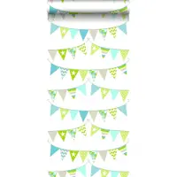 ESTAhome behang vlaggetjes turquoise, limegroen en beige - 53 cm x 10.05 m - 138719
