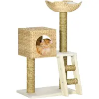PawHut Kratzbaum 100,5 cm Katzenbaum mit Katzenhöhle, Bett, Treppe, Katzenkratzbaum mit Sisal-Kratzsäulen, Kissen, für Katzen bis 4,5 kg, Natur