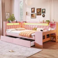 STILVORA Gestoffeerd Bed 140x200 cm – Met Led, Usb En Bureau – 2 Laden – Zonder Matras – Modern Linnen – Roze