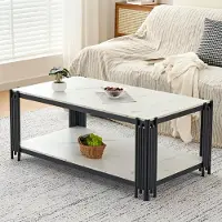 OKWISH Salontafel - Marmerlook Tafelblad - Metalen Poten - Met 2 Opbergplanken - Wit Zwart - 114x64x46 Cm