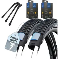 Schwalbe 2-delige Set Schwalbe Fietsbanden Marathon Plus MTB 29 inch x 2,25 (57-622) buitenband + Hollands/Dunlop ventiel binnenband en 3 metalen bandenlichters voor eenvoudige wisseling van banden