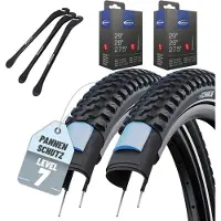 Schwalbe 2-delige Set Schwalbe Fietsbanden Marathon Plus MTB 29 inch x 2,25 (57-622) buitenband + Frans/Presta ventiel binnenband en 3 metalen bandenlichters voor eenvoudige wisseling van banden