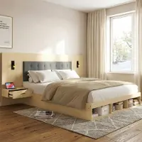 OKWISH Bed 180x200 cm - Met USB-C En Draaibare Lampen - Opbergruimte En 2 Nachtkastjes - Licht Eiken - Zonder Matras