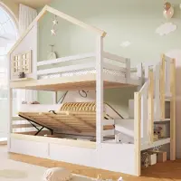 Flieks kinderbed, huisbedmodel, 90x200 cm, met opbergruimte. Hydraulisch hoogslaper met raam en valbeveiliging. Hoogslaper voor 2 kinderen, in natuurlijke uitvoering