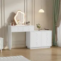 OKWISH Kaptafel – Met Led Spiegel En Kast – 160x40x132 Cm – 2 Lades En 4 Vakken – Verstelbaar – Wit MDF
