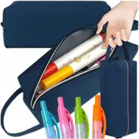 Krumad pennenetui, schoolpennenetui van stof, veelzijdig etui voor pennen of schrijfgerei, lichtgewicht en waterafstotend, donkerblauw