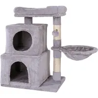 Lionto Kraboom voor katten, 70 cm hoog, met 2 holletjes, een ligplaats, een ligbed en een speeltje, stevig en comfortabel, lichtgrijs