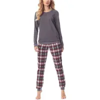 Merry Style MS-MS10-168-PJ Dames Pyjama - ronde hals - lange mouwen - lange broek met zakken - Katoen - Donker Gemêleerd/Bordeaux - M