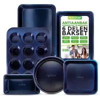 Nutrichef 6-delige Bakvormenset – Antiaanbak Carbonstalen Bakplaten met Koekjesplaat, Muffinvorm, Cakeblik, Ronde & Vierkante Vorm – Oven- & Vaatwasserbestendig