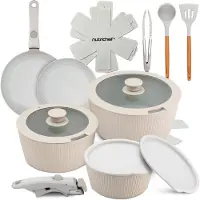 Nutrichef 18-delige Pannenset Inductie - Anti-aanbak Pannen en Potten Keramische Kookgerei Set met Afneembare Handgrepen - PTFE- Oven- en Fornuisbestendig - Inclusief Keukengerei, Crème