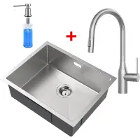 Auralum Max Spoelbak voor keuken 55x44cm - Spoelbak Keuken Met Uittrekbare Uitloop Keukenkraan en Zeepdispenser 300ML - Spoelbakken met sifon en overloopset - Enkele spoelbakken - RVS