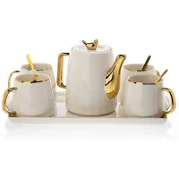 HowHomely Noah White Gold - Serwis Koffie - Keramiek - Witte en Gouden Accenten