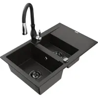 Mexen Gaspar granieten spoelbak 1,5-kamer met afdruiprek en keukenkraan Savita, zwart/goud - 6507-75-672601-70-B